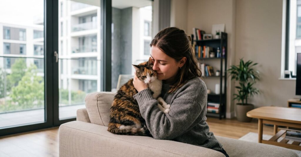Animal de compagnie câlin blotti contre son propriétaire, moment de tendresse et de complicité