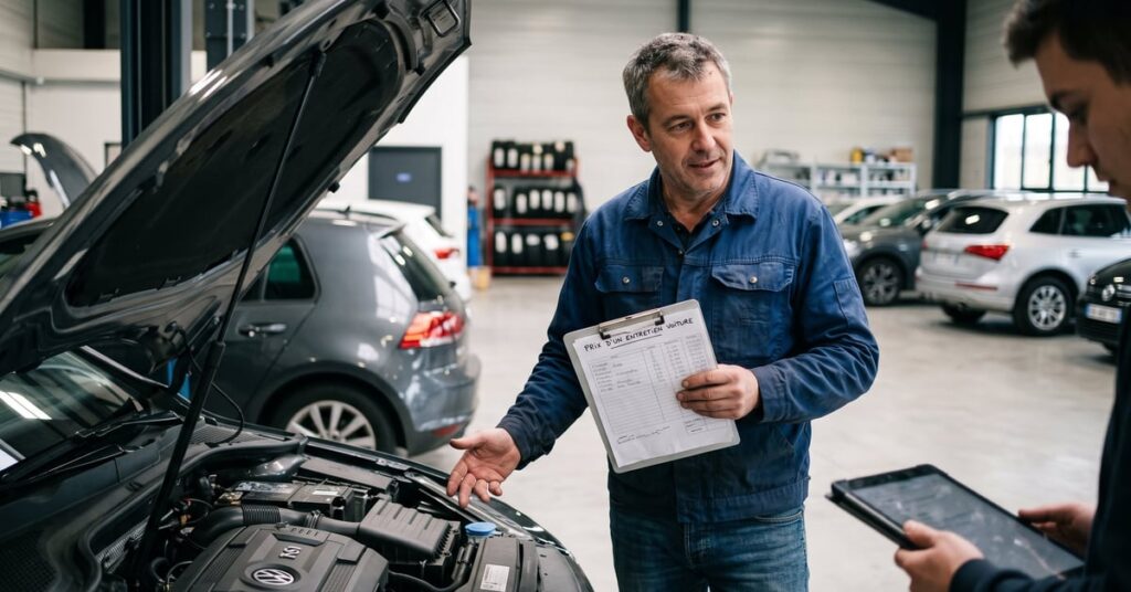 Prix d'un entretien voiture : mécanicien vérifiant le moteur d'un véhicule en atelier