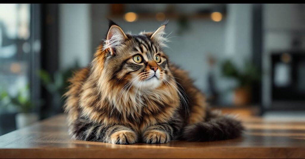 Chat angora blanc aux poils longs et soyeux, regard expressif, posé dans un cadre moderne et lumineux