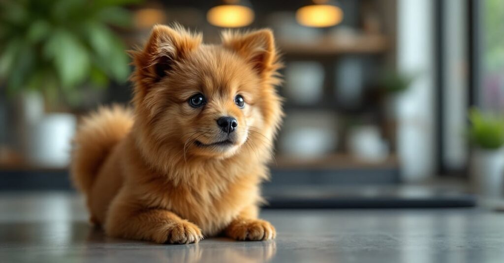 Chien chinois à crête élégant au pelage blanc, photographié en plan large dans un cadre moderne et lumineux
