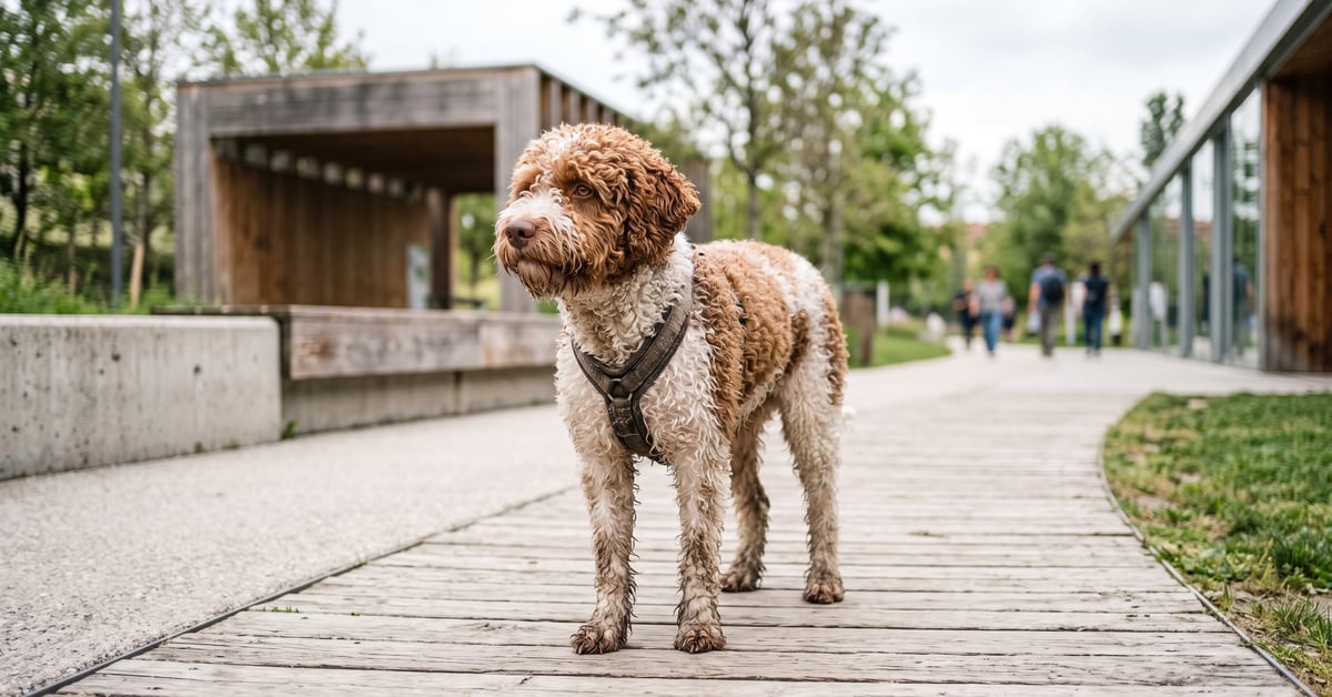 Chien romagnol au pelage bouclé et dense, regardant l'objectif dans un cadre naturel