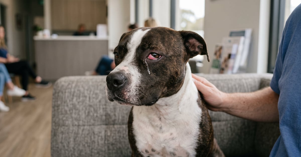 Chien avec les yeux rouges et larmoyants, symptômes de conjonctivite canine