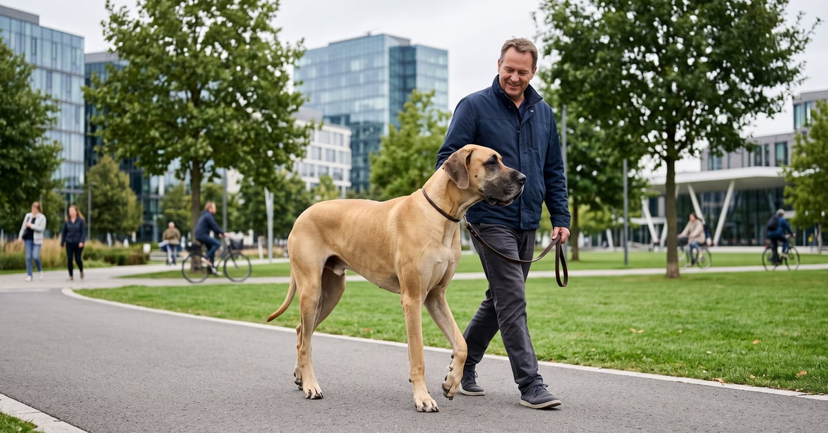 Dogue allemand adulte en pleine stature, illustrant la taille imposante de la race