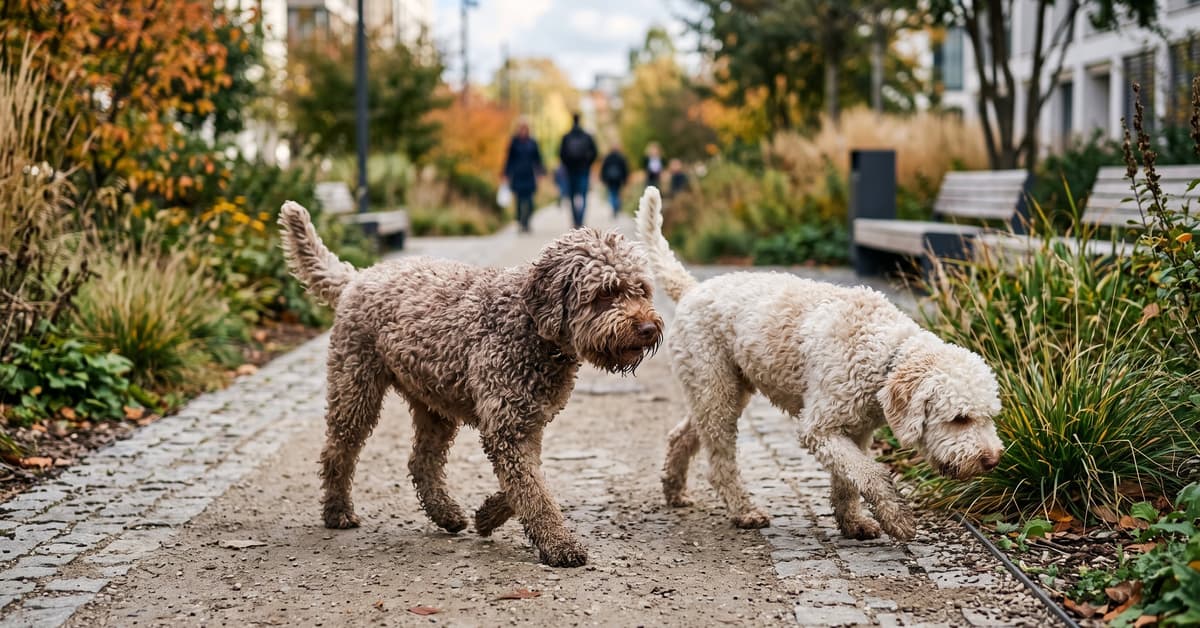 Chiens lagotto romagnolo au pelage bouclé brun dans un cadre naturel moderne