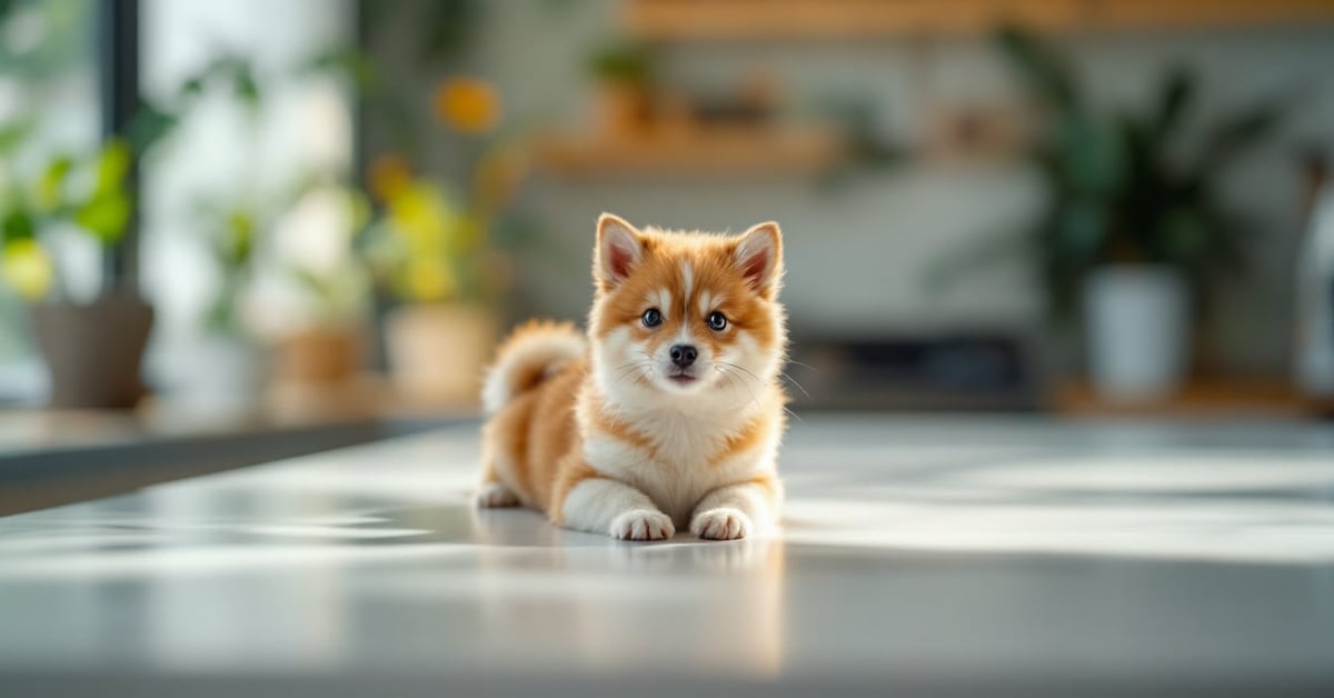 Petit chien poilu au pelage doux et duveteux, photographié en format panoramique dans un cadre moderne